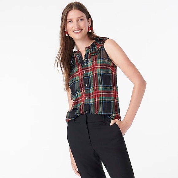 J Crew Sleeveless ruffle-collar plaid black Nwt academia core - Picture 3 of 4